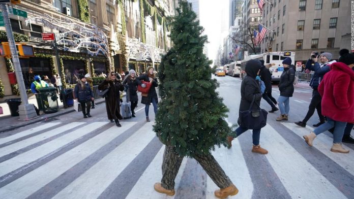 A man dressed up as a Christmas tree is walking around New York City A man dressed up as a Christmas tree is walking around New York City