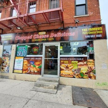 NYC bodega storefront advertising famous chopped cheese sandwiches